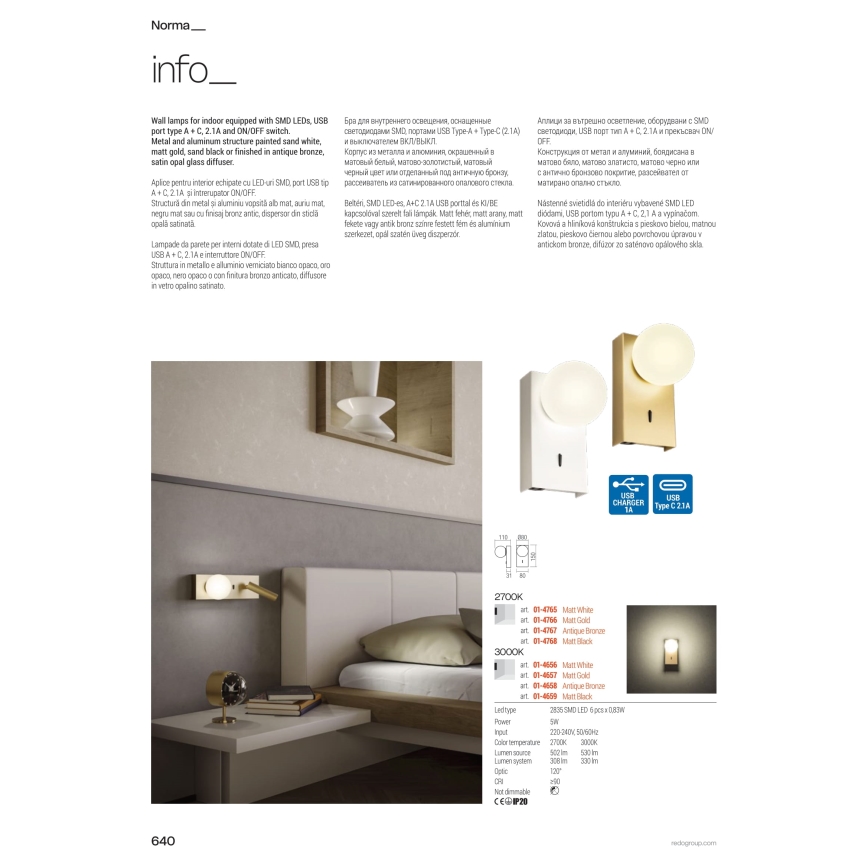 Redo 01-4662 - Applique murale NORMA LED/5W/230V + LED/3W CRI 90 USB blanc/bronze