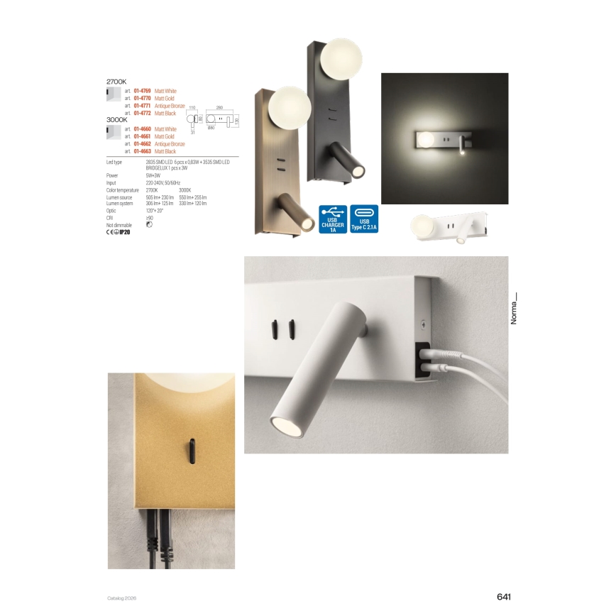 Redo 01-4662 - LED wandlamp NORMA LED/5W/230V + LED/3W CRI 90 USB wit/brons