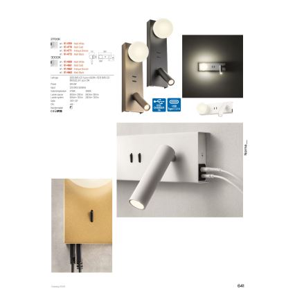 Redo 01-4663 - Applique murale NORMA LED/5W/230V + LED/3W CRI 90 USB blanc/noir