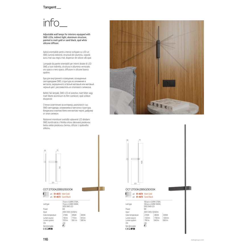 Redo 01-4672 - LED-wandlamp TANGENT 6W/230V 2700/2850/3000K 73 cm CRI 90 goud