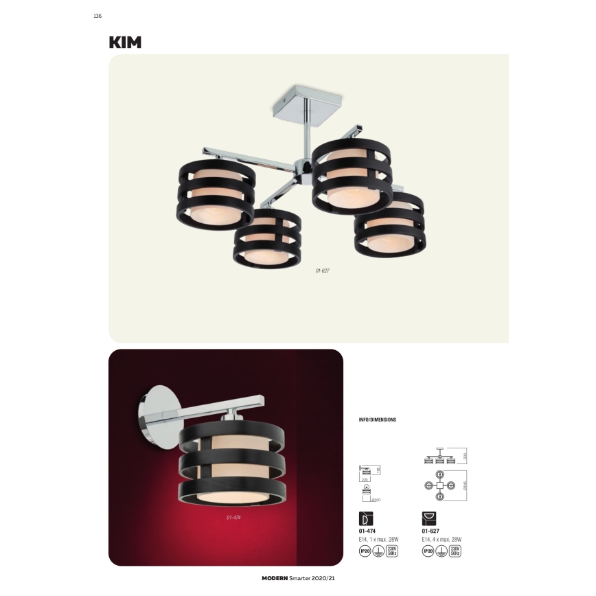 Redo 01-627 - Hanglamp met stang KIM 4xE14/28W/230V glanzend chroom/zwart