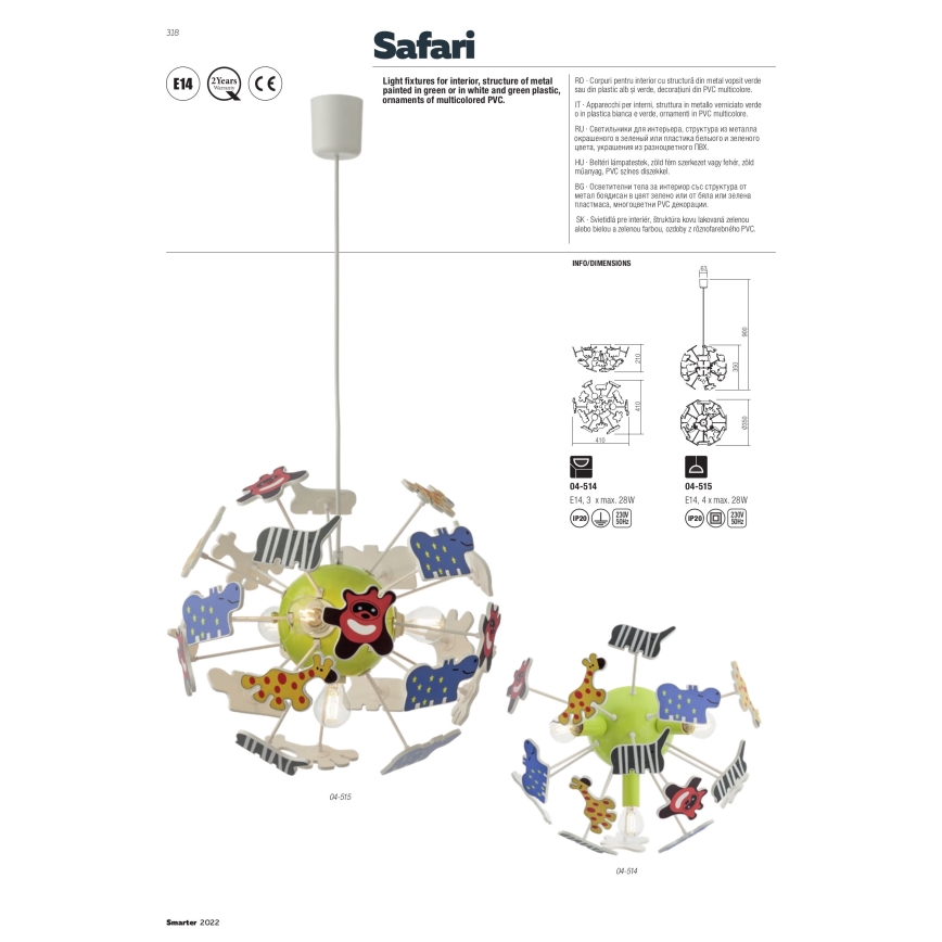 Redo 04-514 - Plafondlamp kinderkamer SAFARI 3xE14/3W/230V diameter 41 cm kleurrijk