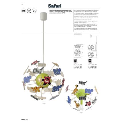 Redo 04-515 - Kinder hanglamp aan een koord SAFARI 4xE14/28W/230V diameter 35 cm kleurrijk