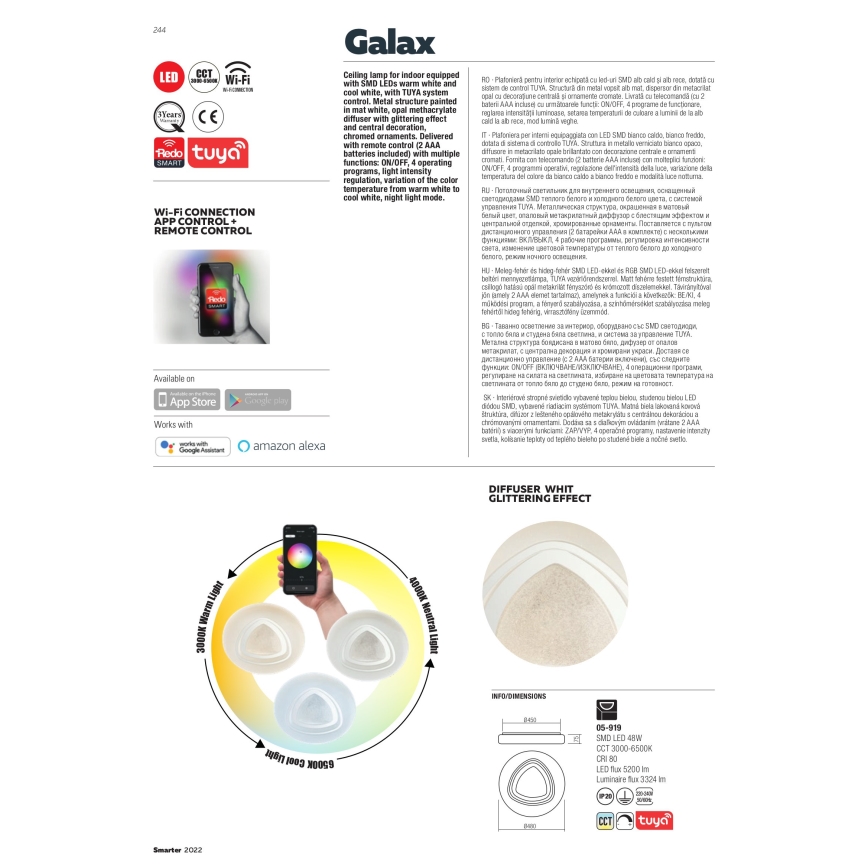 Redo 05-919 - Plafonnier LED dimmable GALAX LED/48W/230V 3000-6500K Wi-Fi Tuya Ø 48 cm blanc + télécommande