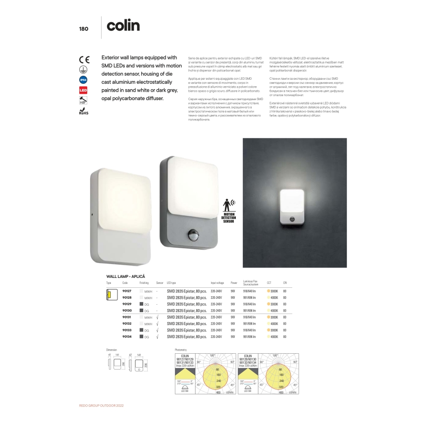 Redo 90132 - LED buitenmuurlamp met bewegings- en schemersensor COLIN LED/9W/230V 4000K IP54 wit