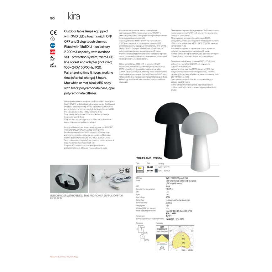 Redo 90439 - Dimbare buitenlamp met aanraakbediening KIRA LED/4,7W/230V 2200 mAh IP44 zwart