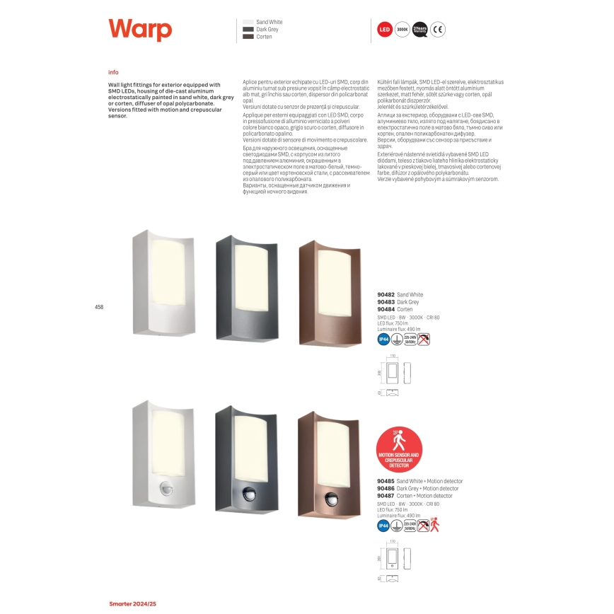 Redo 90487 - Applique murale extérieure avec détecteur WARP LED/8W/230V 3000K IP44 marron