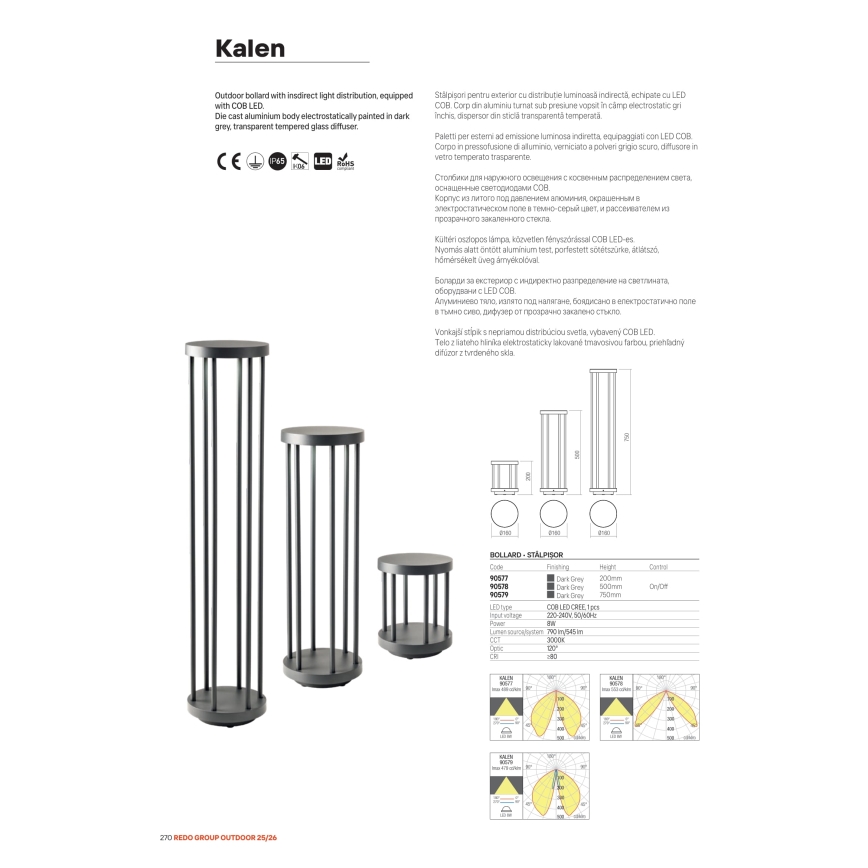 Redo 90578 - LED buitenlamp KALEN LED/8W/230V 3000K 50 cm IP65 antraciet