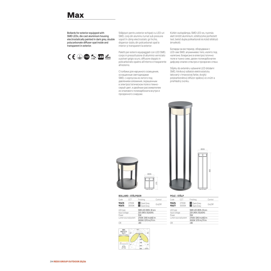 Redo 90676 - LED buitenlamp MAX LED/15W/230V 2700K 80 cm IP65 antraciet