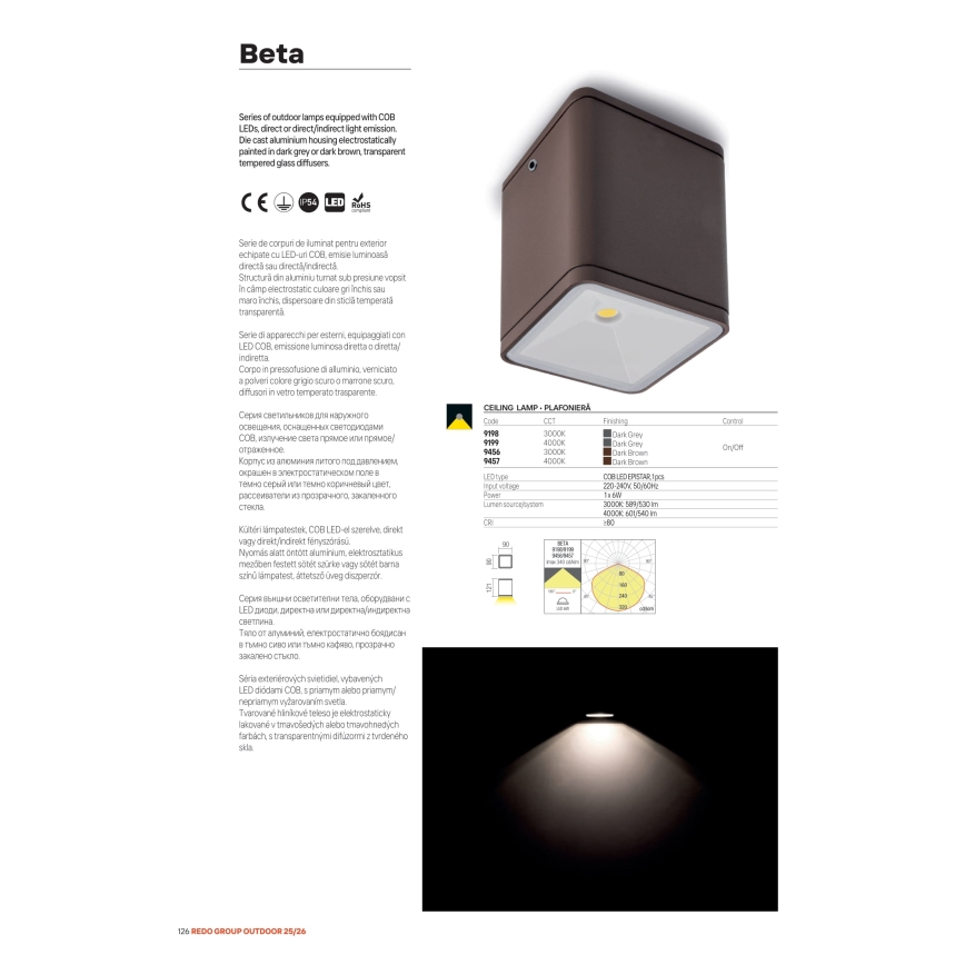 Redo 9080 - BETA LED buitenmuurlamp, 6W, 230V, 3000K, IP54, bruin