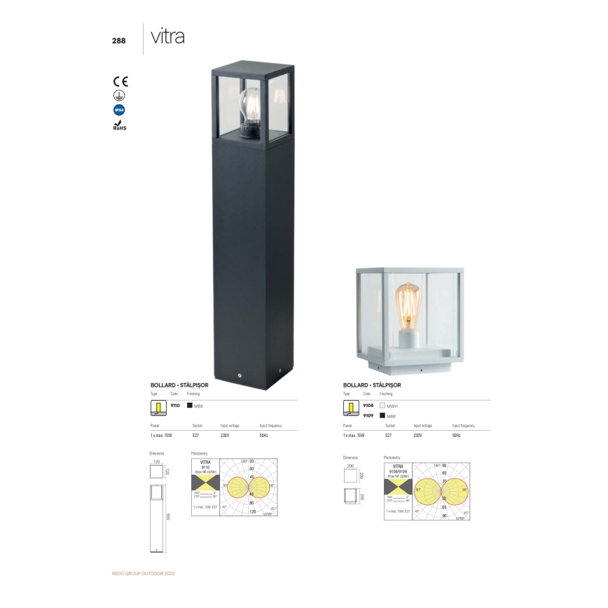 Redo 9109 - Lampe d'extérieur VITRA 1xE27/15W/230V IP54 noire