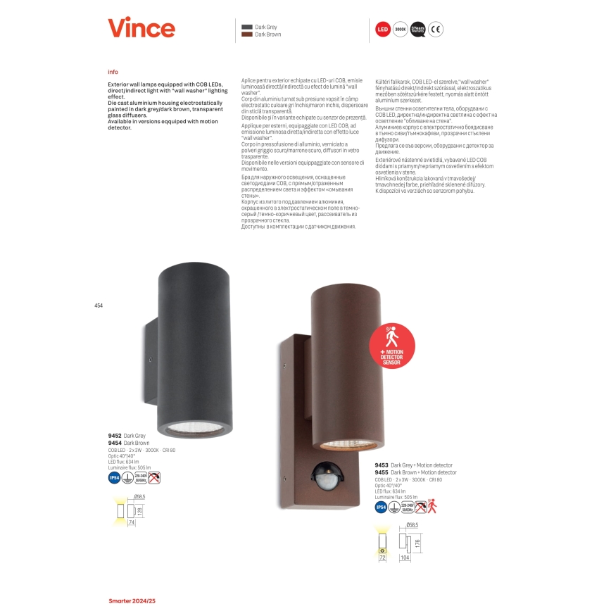 Redo 9453 - Applique murale extérieure avec détecteur VINCE 2xLED/3W/230V IP54 anthracite