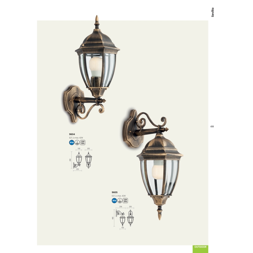 Redo 9604 - Applique murale extérieure SEVILLA 1xE27/42W/230V IP44 doré/patine