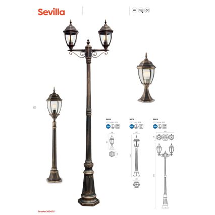 Redo 9606 - Lampadaire extérieur SEVILLA 1xE27/42W/230V IP44 doré/patine