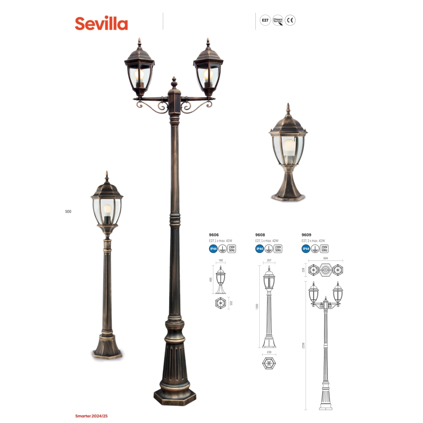 Redo 9606 - Lampadaire extérieur SEVILLA 1xE27/42W/230V IP44 doré/patine
