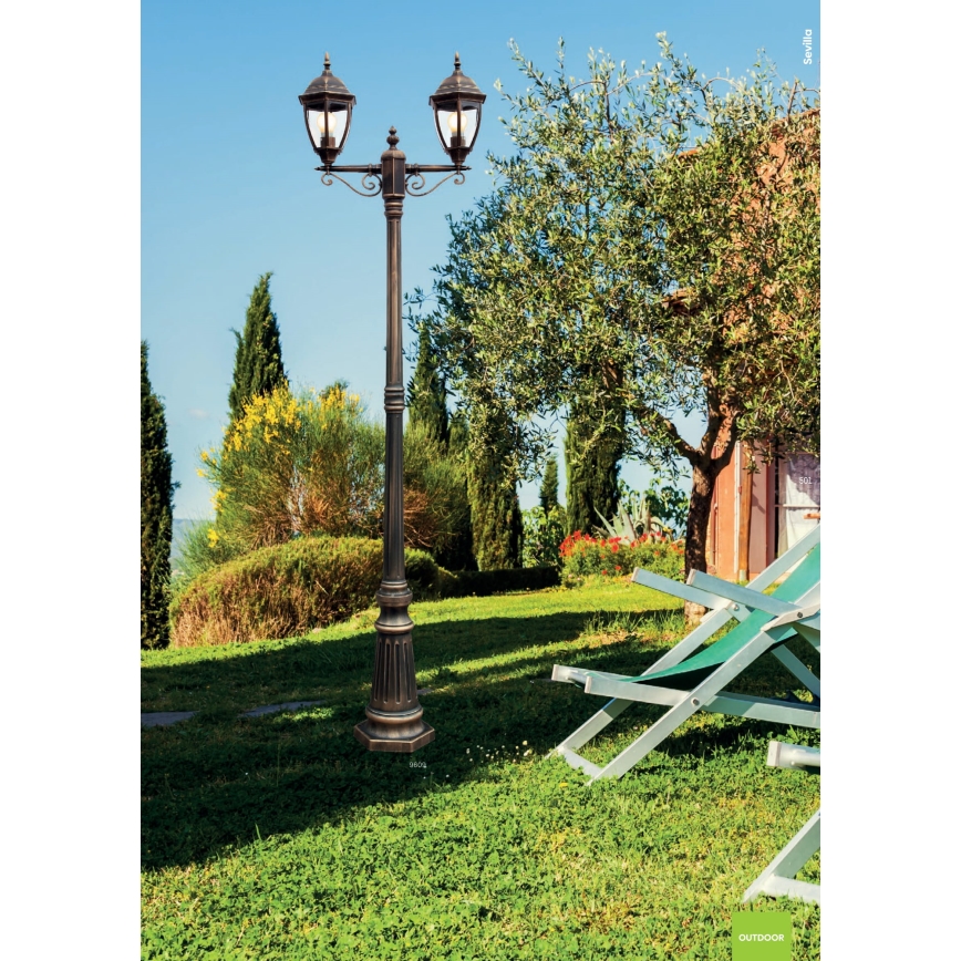 Redo 9609 - Lampadaire extérieur SEVILLA 2xE27/42W/230V IP44 doré/patine