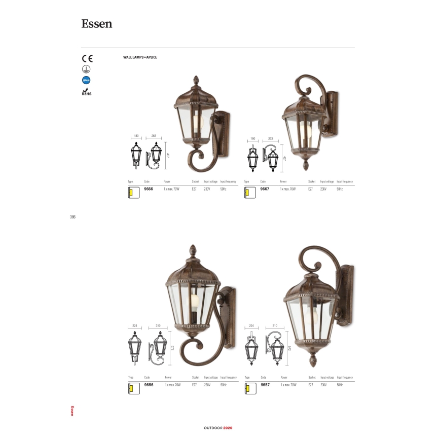 Redo 9656 - Buitenwandlamp ESSEN 1xE27/70W/230V IP44 bruin/patina