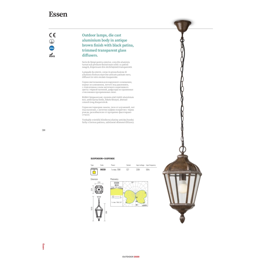Redo 9662 - Luminaire d'extérieur ESSEN 1xE27/70W/230V 221,5 cm IP44 brun/patiné