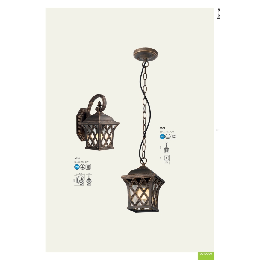 Redo 9951 - Applique murale extérieure BREMEN 1xE27/42W/230V IP23 doré/patine