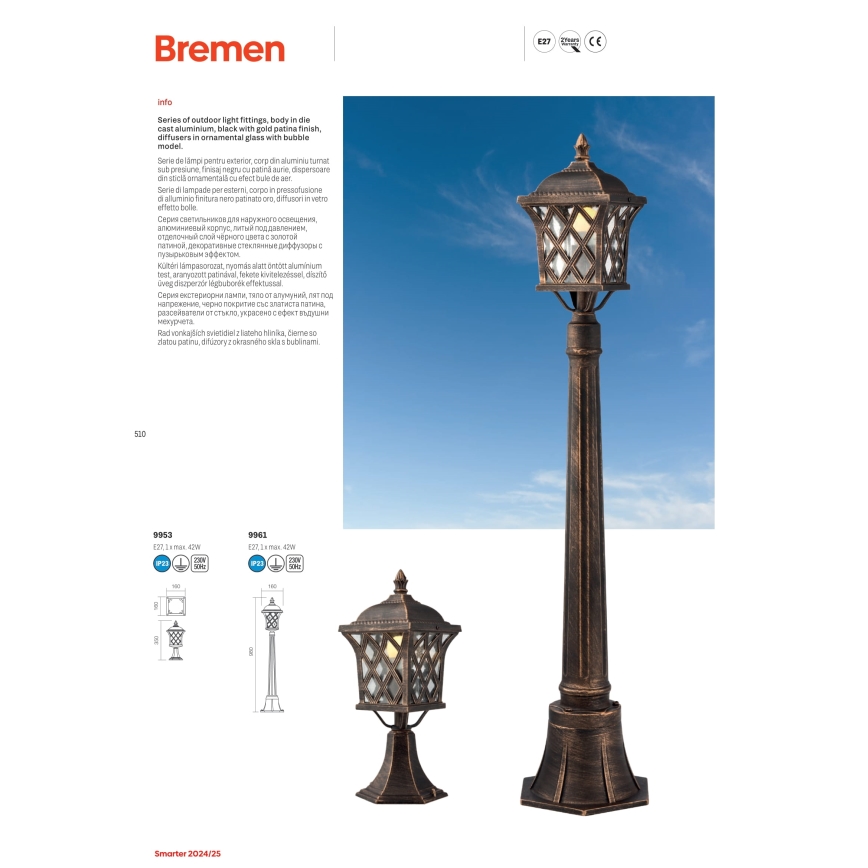 Redo 9961 - Lampadaire extérieur BREMEN 1xE27/42W/230V IP23 doré/patine