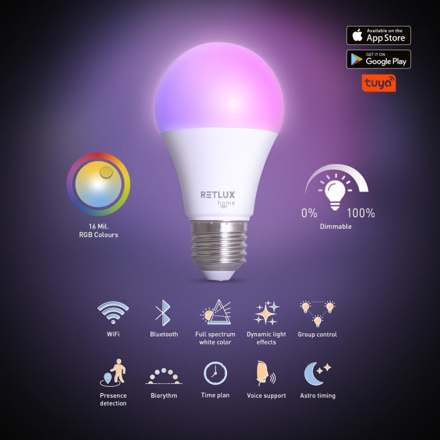 Ampoule à intensité variable LED RGBW A60 E27/9W/230V 2700-6500K Wi-Fi Tuya