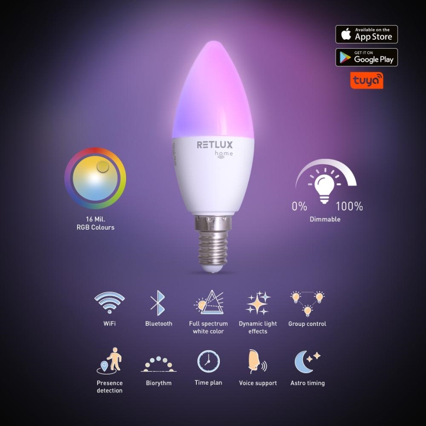 Ampoule à intensité variable LED RGBW C37 E14/4,5W/230V 2700-6500K Wi-Fi Tuya