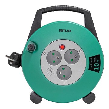 Retlux - Haspelverlengsnoer 3-voudig, Type E, 10 m, groen/zwart
