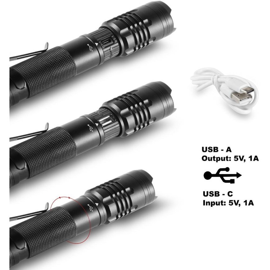 Lampe torche en aluminium rechargeable avec fonction batterie portative LED/2000 mAh 1000 lm IP22