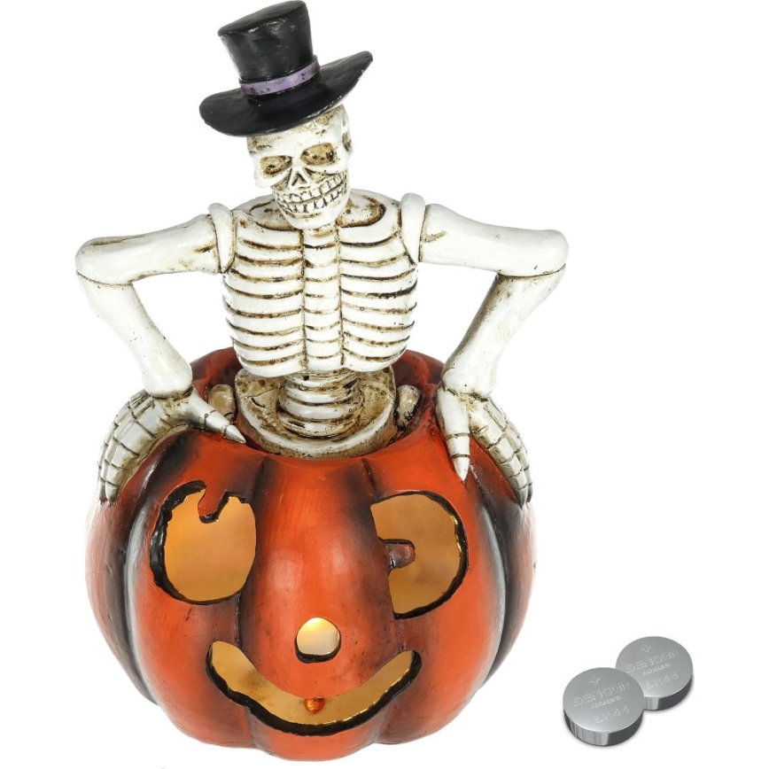 LED Decoratie HALLOWEEN LED/2xLR44/warm wit skelet in een pompoen hars
