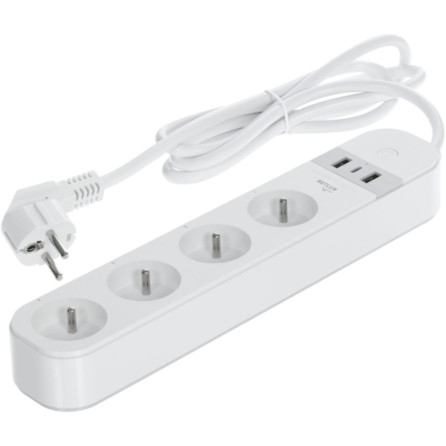 Smart verlenging kabel met schakelaar 4Z Type E + 2x USB-A + 1x USB-C 1,5m Wi-Fi Tuya wit