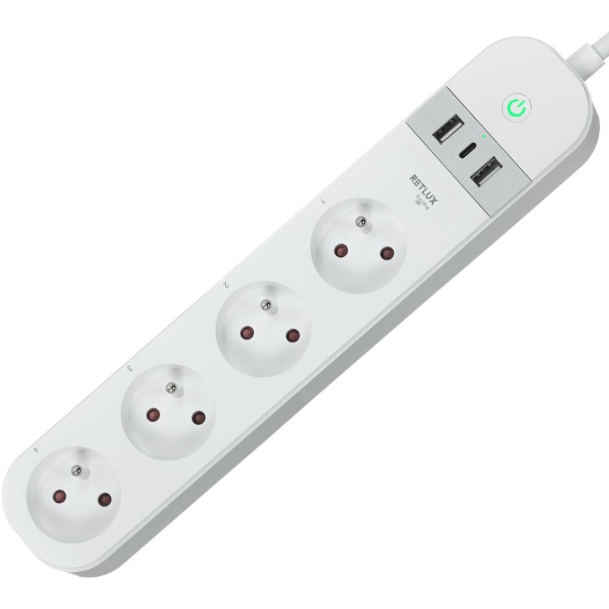Smart verlenging kabel met schakelaar 4Z Type E + 2x USB-A + 1x USB-C 1,5m Wi-Fi Tuya wit