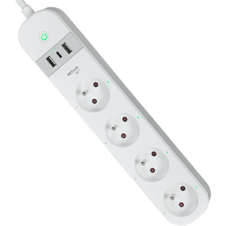 Smart verlenging kabel met schakelaar 4Z Type E + 2x USB-A + 1x USB-C 1,5m Wi-Fi Tuya wit