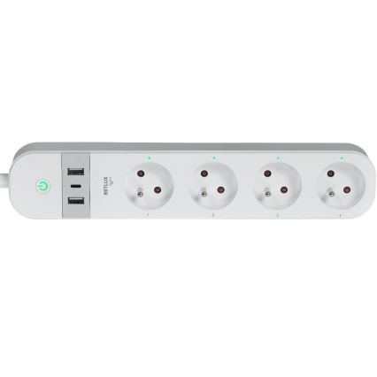 Smart verlenging kabel met schakelaar 4Z Type E + 2x USB-A + 1x USB-C 1,5m Wi-Fi Tuya wit