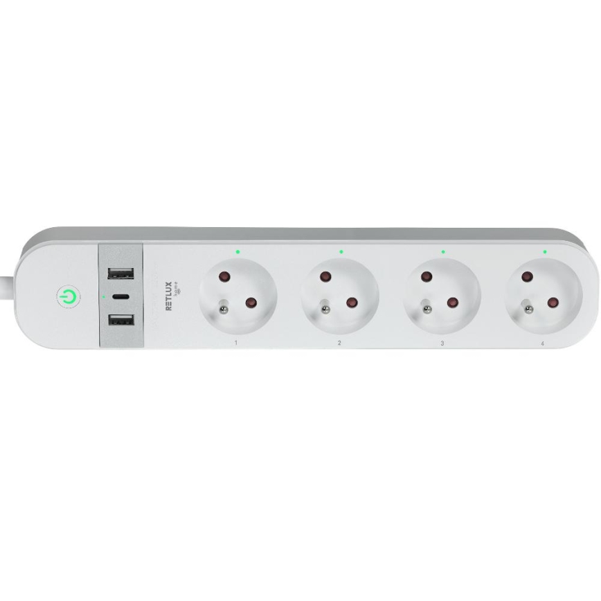 Smart verlenging kabel met schakelaar 4Z Type E + 2x USB-A + 1x USB-C 1,5m Wi-Fi Tuya wit