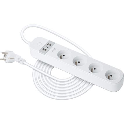Smart verlenging kabel met schakelaar 4Z Type E + 2x USB-A + 1x USB-C 1,5m Wi-Fi Tuya wit