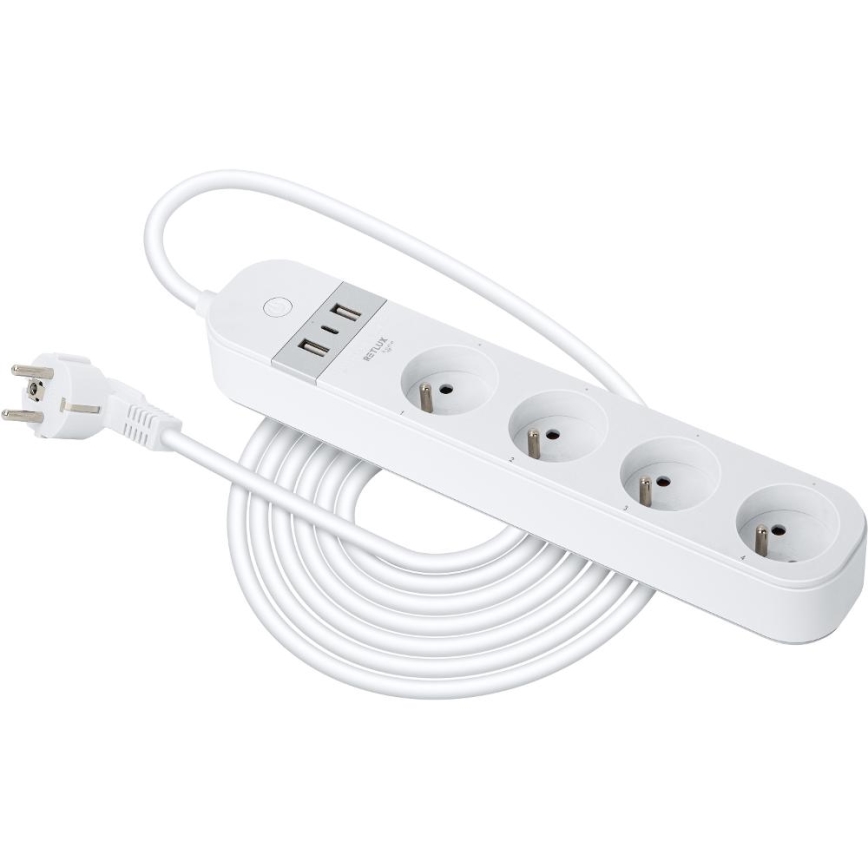Smart verlenging kabel met schakelaar 4Z Type E + 2x USB-A + 1x USB-C 1,5m Wi-Fi Tuya wit