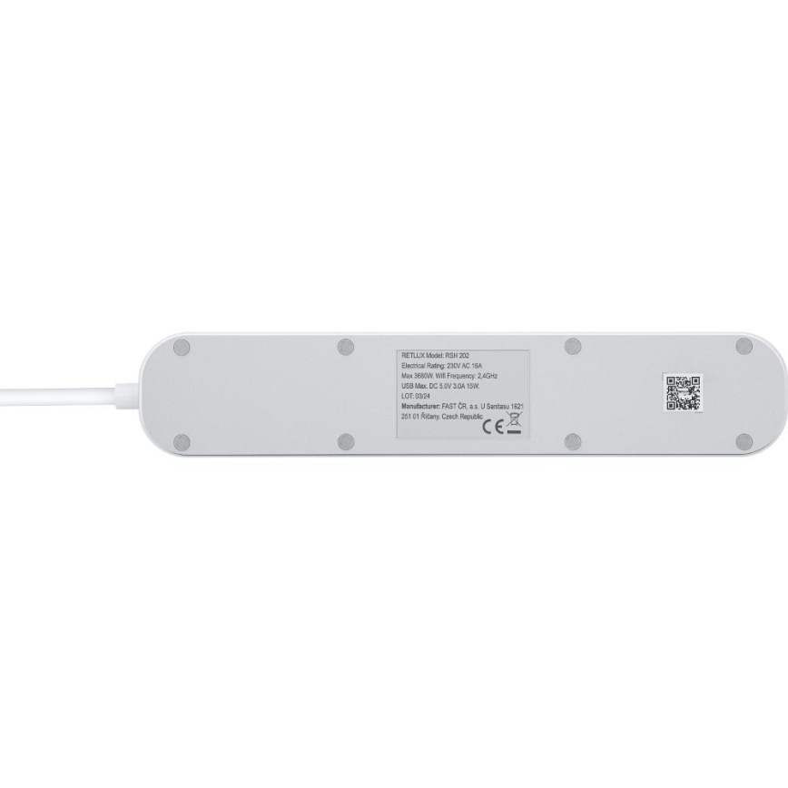 Smart verlenging kabel met schakelaar 4Z Type E + 2x USB-A + 1x USB-C 1,5m Wi-Fi Tuya wit