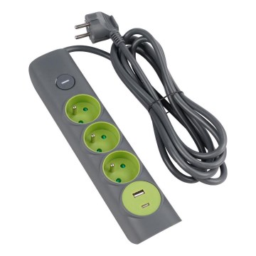 Retlux - Verlengsnoer met schakelaar, 3 stopcontacten (Type E) + 1x USB-A + 1x USB-C, 1,4 m, grijs