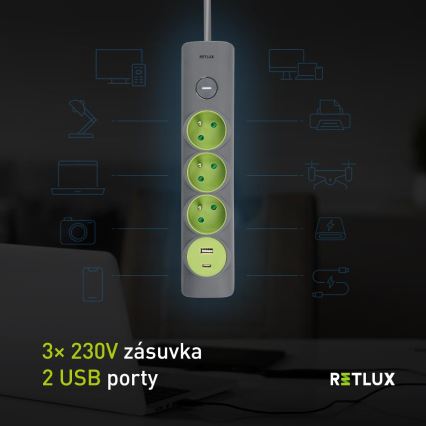 Retlux - Verlengsnoer met schakelaar, 3 stopcontacten (Type E) + 1x USB-A + 1x USB-C, 1,4 m, grijs