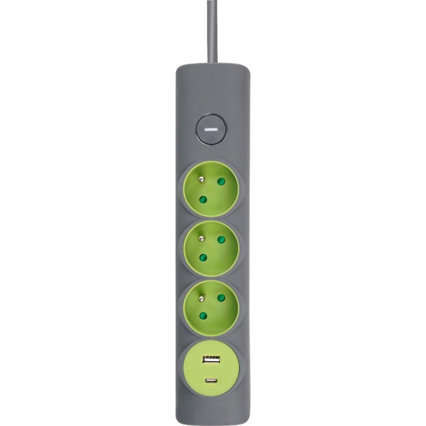 Retlux - Verlengsnoer met schakelaar, 3 stopcontacten (Type E) + 1x USB-A + 1x USB-C, 1,4 m, grijs