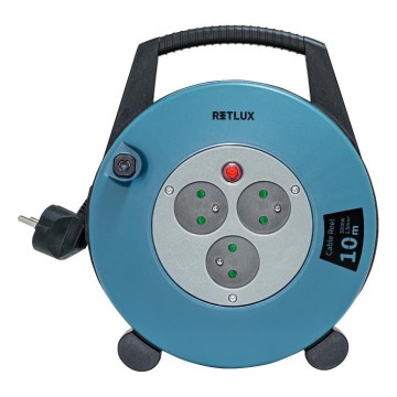 Retlux - Verlengsnoer op haspel, 3-voudig, Type E, 10 m, blauw/zwart