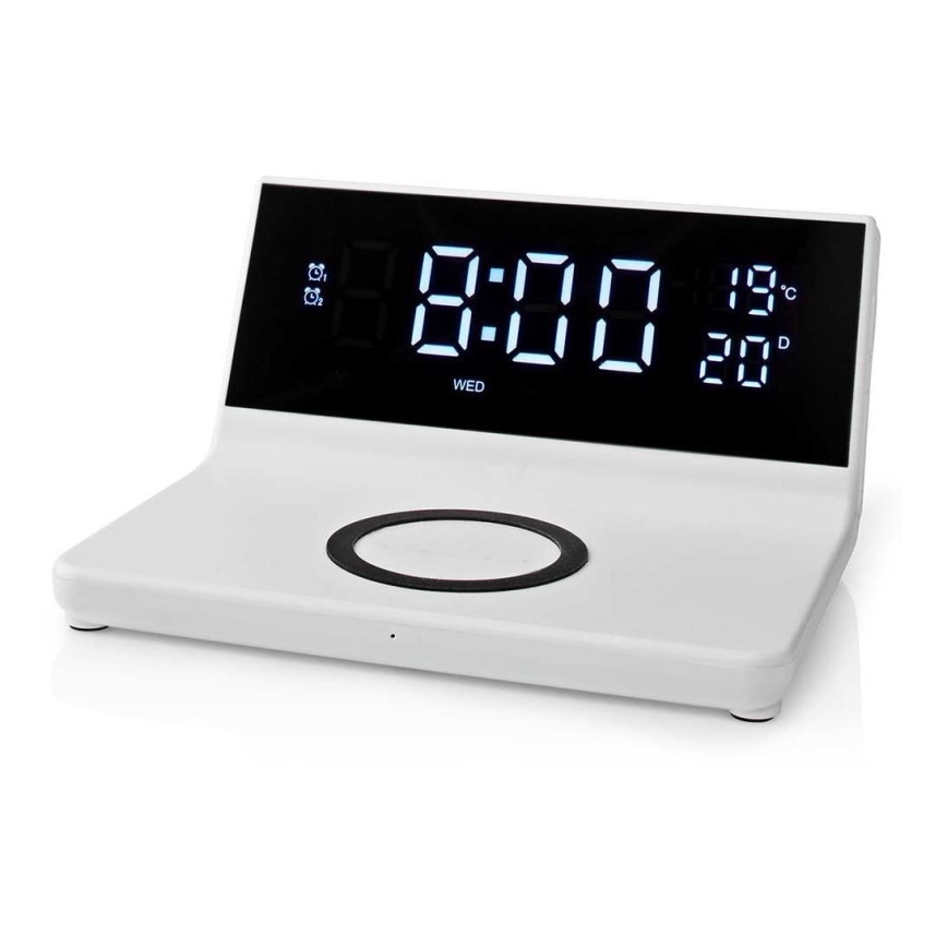 Réveil avec écran LCD et chargeur sans fil 15W/230V + 1xCR2032 blanc