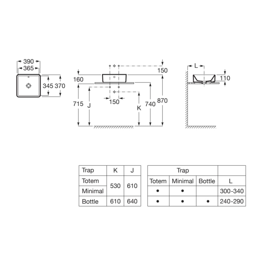 Roca A3270ML000 - Aanrecht wastafel GAP 39x37 cm keramiek/wit
