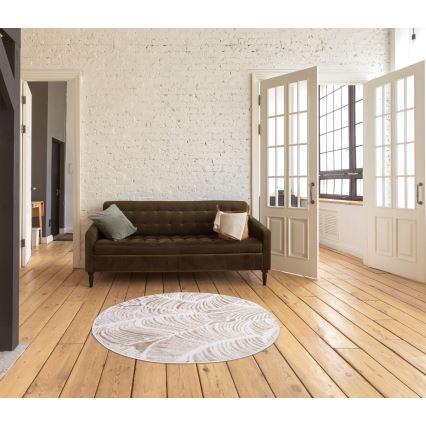 Rond vloerkleed SALAMANCA 100 cm beige/wit met bladmotief