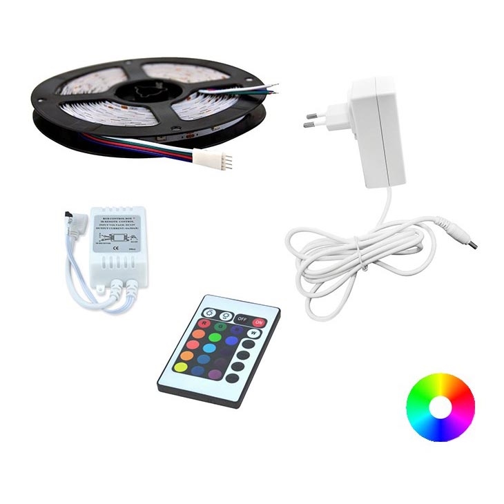 Ruban LED RGB 5m + télécommande + Adaptateur alimentation 24W/12V