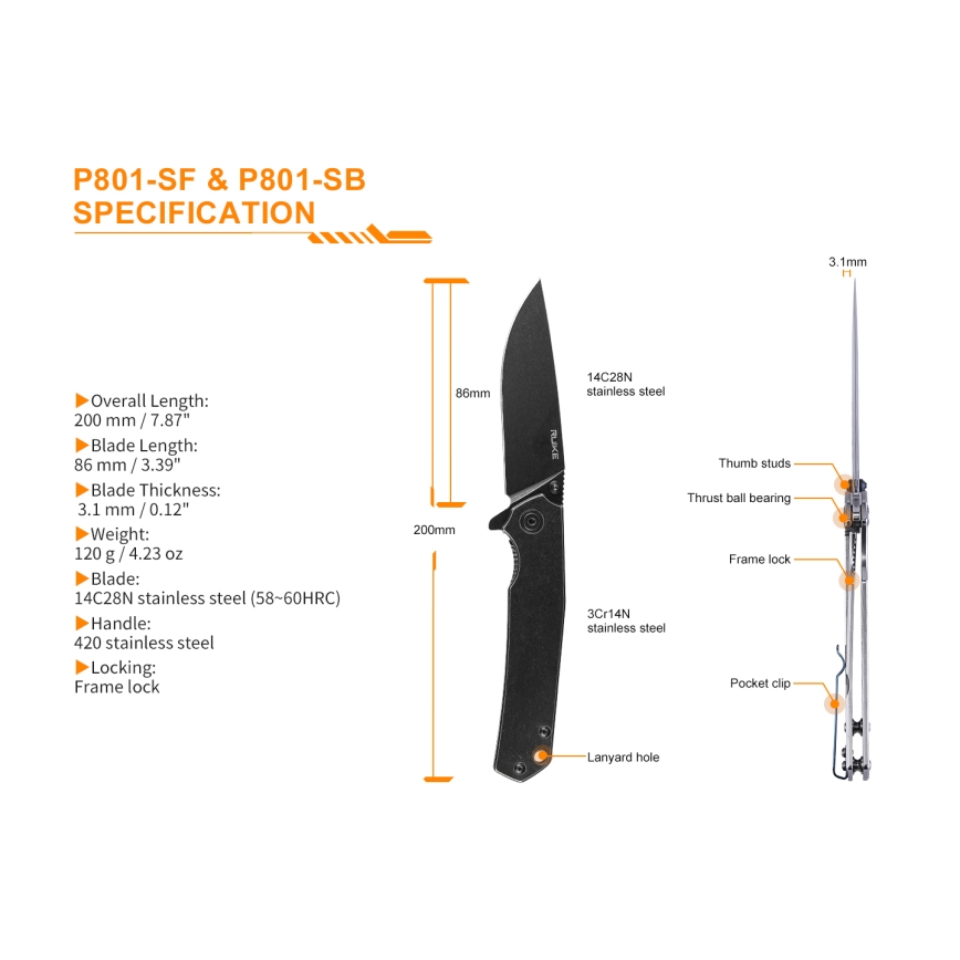 Ruike RUP801SB - Opvouwbaar zakmes 20 cm grijs
