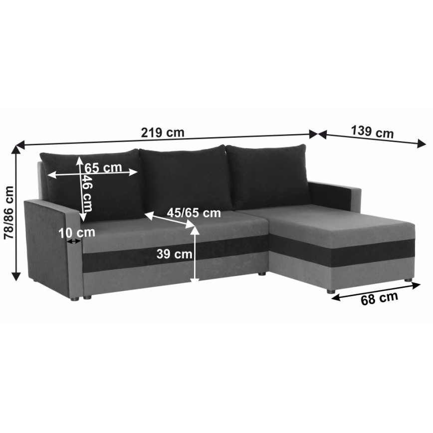 Salon universel d'angle pliable rembourré en forme de L BRISTOL gris/noir