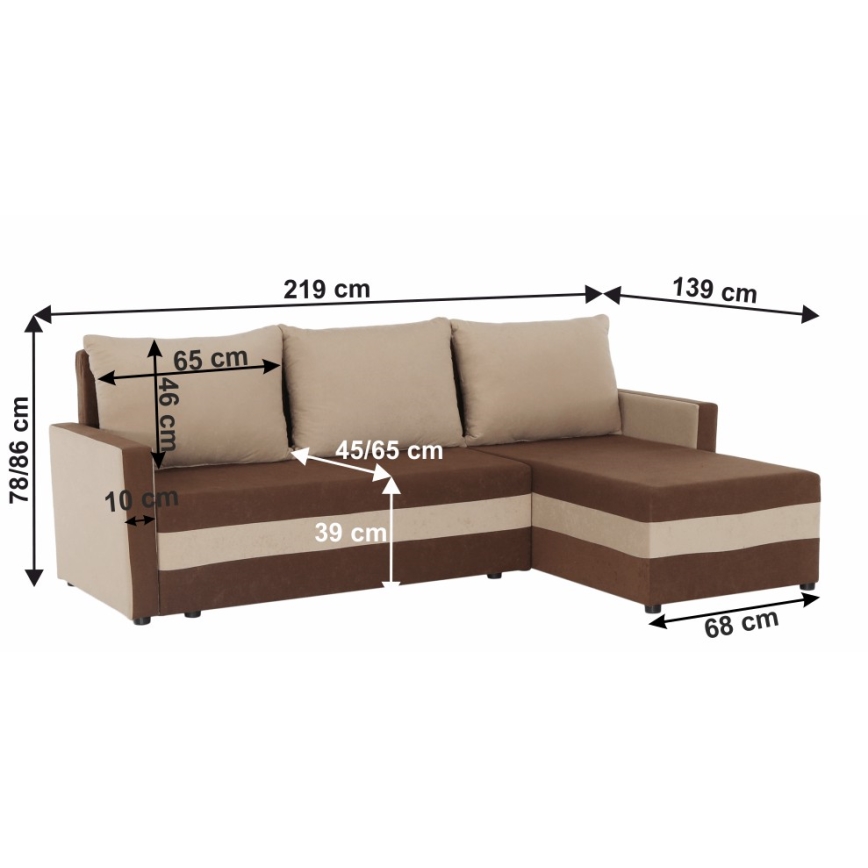 Salon universel d'angle pliable rembourré en forme de L BRISTOL marron/beige