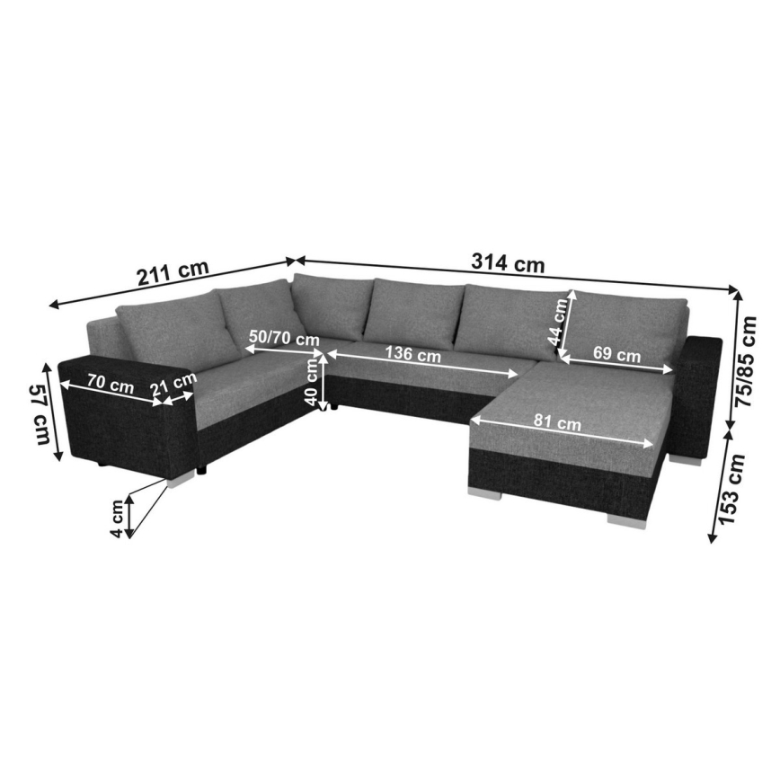 Salon universel pliable en forme de U, rembourré YORK noir/anthracite
