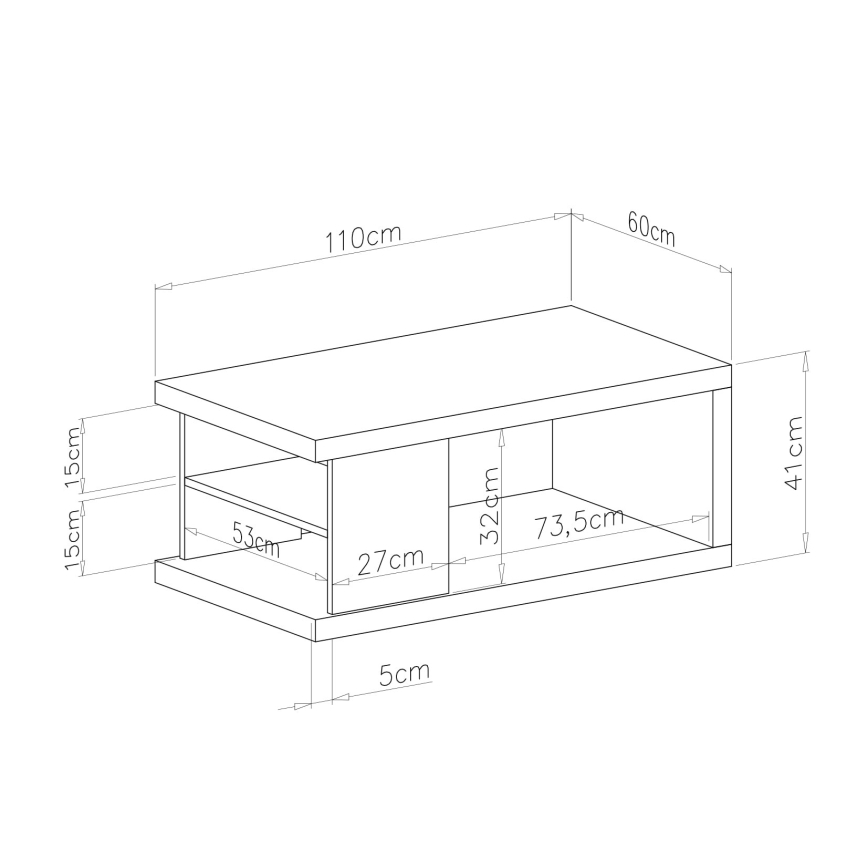 Salontafel LORA 110x60 cm met geïntegreerde plank en ruime opbergruimte, eiken artisan/zwart